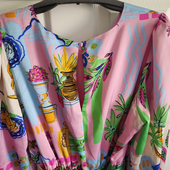 Sugarlips Curve Womens Plus 3/4 Balloon Sleeve Satin Mini Dress: Pink Tropical - Picture 6 of 14